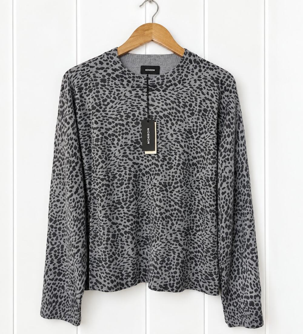 MONROW Mini Leopard Mock Neck Sweater M Gray Black Cotton Cashmere NWT